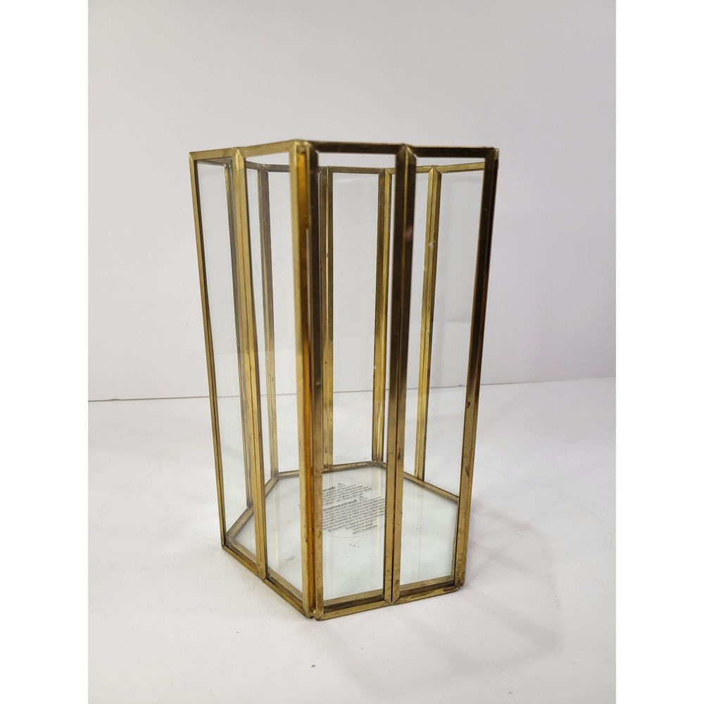 Gold Brass Glass Geometric Hexagon Lantern Candle Holder Terrarium 7 Inch